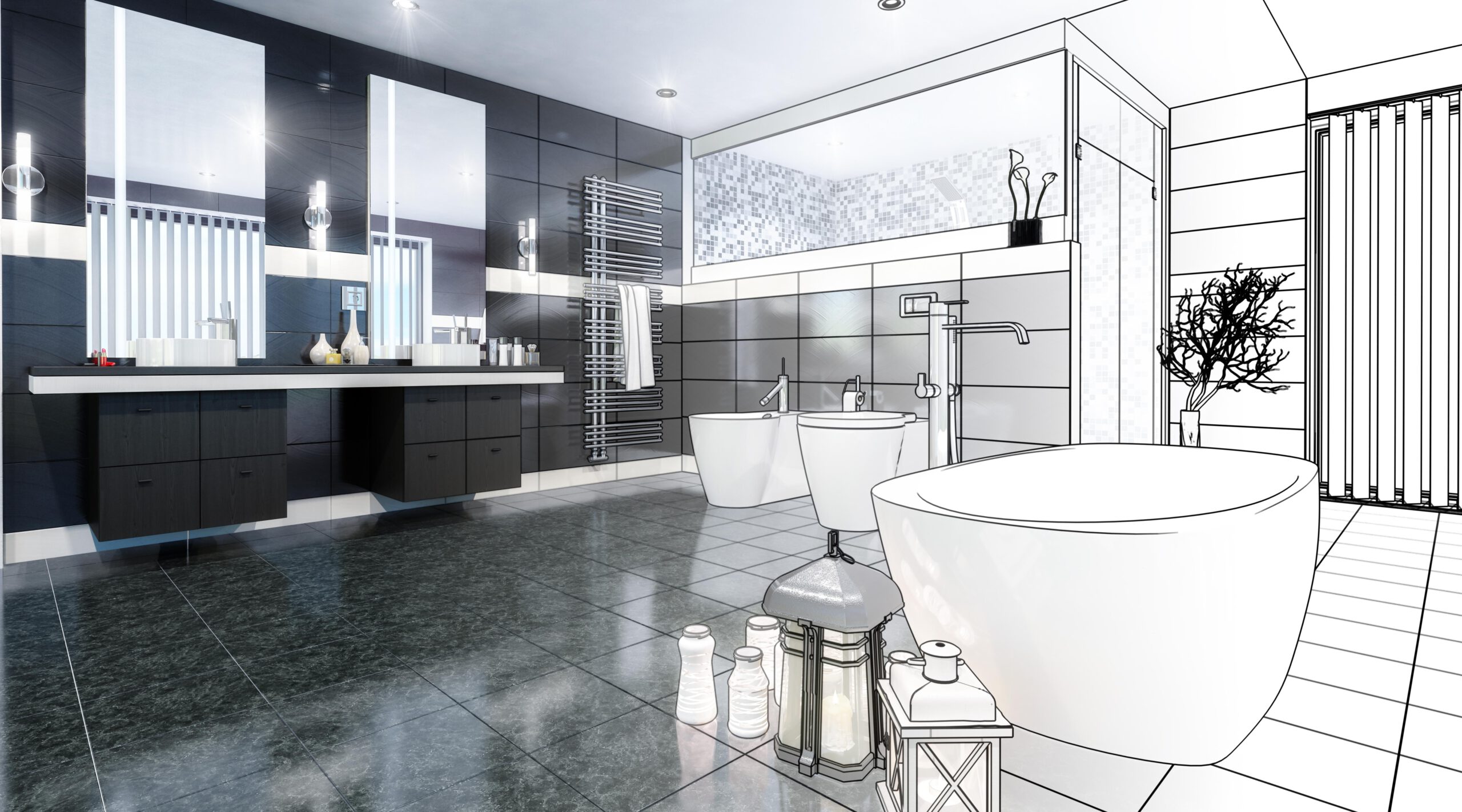 Auf diesem Bild ist ein großes Badezimmer zu sehen was auf der Rechten Seite realistisch ist und nach rechts zur Illustration wird. Im Vordergrund rechts steht eine freistehende Badewanne mit zwei Laternen davor. Links zu sehen ist ein Doppelwaschbecken mit je einem großen Spiegel sowie im hinteren Bereich den Bildes das Bidet und eine Toilette in weiss. Die Wände sind mit dunklen Fliesen versehen.